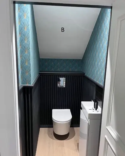 Cloakroom with dark panelling and a teal papered wall